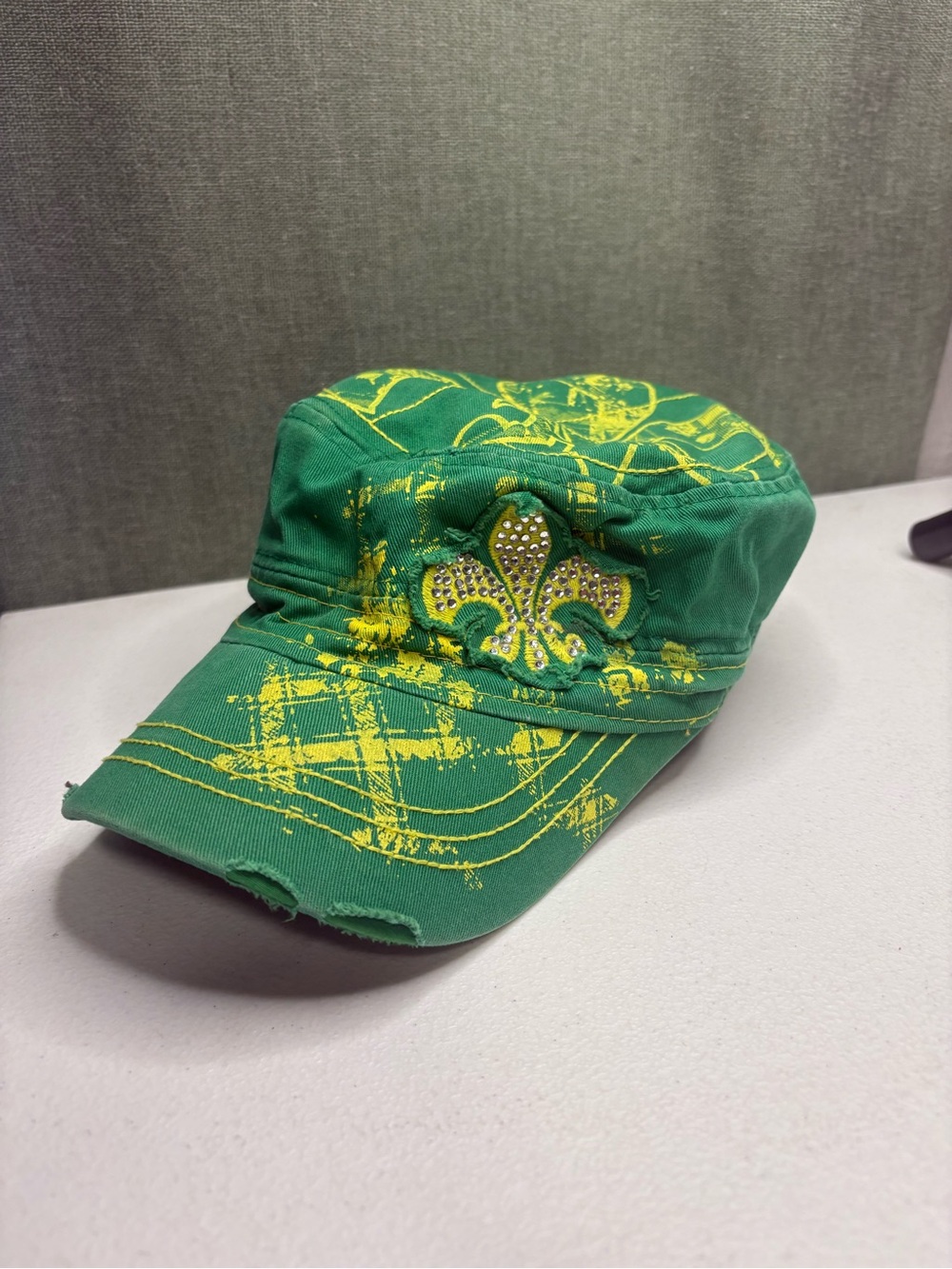 Leader Y2K Distressed Cadet Cap Rhinestone Fleur De Lis Military Hat